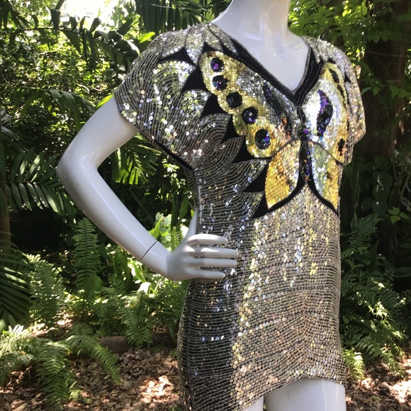 Vintage 80s butterfly sequins silk top - Picture 6 of 12